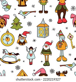 vector flat seamless pattern New Year Christmas decorations toys