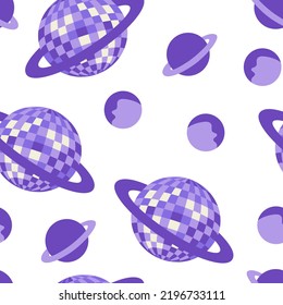 Vector flat seamless pattern with purple saturn disco balls and planets. Party, celebration psychedelic concept.	