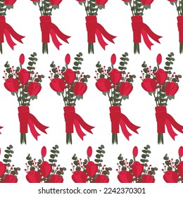 Vector flat seamless pattern of red rose flowers bouquets