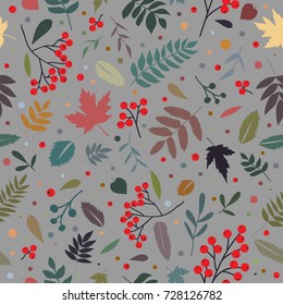 Vector flat seamless pattern of rowan berry with leaves and flowers. Modern stylish background for wedding, invitations, wrapping paper design