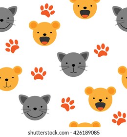 Vector flat seamless pattern - set of cute animal faces. Cat and bear head emotions, background element for your design. Children backdrop illustration