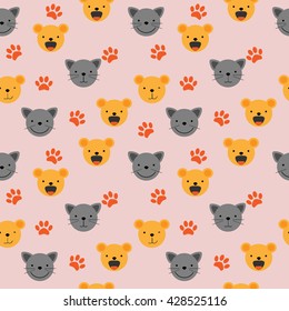 Vector flat seamless pattern - set of cute animal faces. Cat and bear head emotions, background element for your design. Children backdrop illustration in pink colors