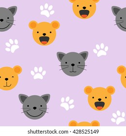 Vector flat seamless pattern - set of cute animal faces. Cat and bear head emotions, background element for your design. Children backdrop illustration in pink colors