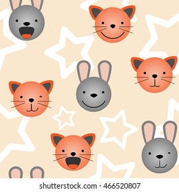 Vector flat seamless pattern - set of cute animal faces. Cat and rabbit head emotions, background element for your design. Kitten and bunny children backdrop illustration. Kids stuff decoration