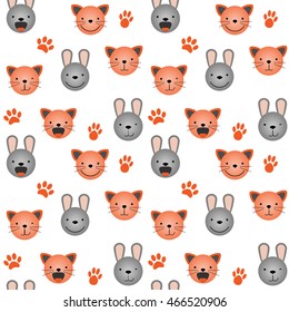 Vector flat seamless pattern - set of cute animal faces. Cat and rabbit head emotions, background element for your design. Kitten and bunny children backdrop illustration. Kids stuff decoration