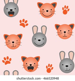 Vector flat seamless pattern - set of cute animal faces. Cat and rabbit head emotions, background element for your design. Kitten and bunny children backdrop illustration. Kids stuff decoration