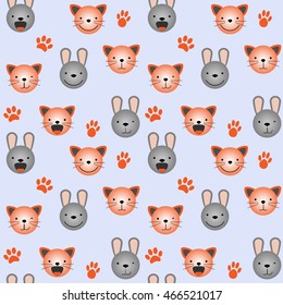 Vector flat seamless pattern - set of cute animal faces. Cat and rabbit head emotions, background element for your design. Kitten and bunny children backdrop illustration. Kids stuff decoration
