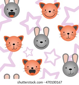 Vector flat seamless pattern, set of cute animal faces. Cat and rabbit head emotions, background element for your design. Kitten and bunny children backdrop illustration Kids stuff decoration for girl