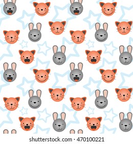 Vector flat seamless pattern, set of cute animal faces. Cat and rabbit head emotions, background element for your design. Kitten and bunny children backdrop illustration. Kids stuff decoration for boy