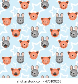 Vector flat seamless pattern, set of cute animal faces. Cat and rabbit head emotions, background element for your design. Kitten and bunny children backdrop illustration. Kids stuff decoration for boy