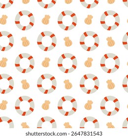 Vector flat seamless pattern with shell and lifebuoy.