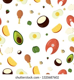 vector flat seamless pattern of some food for ketogenic diet. food, healthy lifestyle, trendy image.