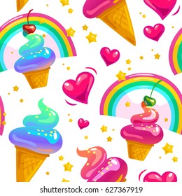 Vector flat seamless pattern with stars, rainbow, ice cream cone and heart isolated on white background. Cartoon style. Packaging paper design, children illustration.