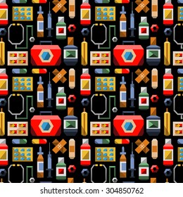 vector flat seamless pattern style medical set essentials health care first aid kit icons doctor professional tools