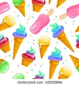Vector flat seamless pattern with sweet ice cream cones, eskimo and confetti isolated on white background. Cartoon style. Good for menu cover, packaging paper design.