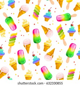Vector flat seamless pattern with sweet ice cream cones, eskimo and confetti isolated on white background. Cartoon style. Good for menu cover, packaging paper design.