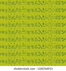 Vector flat seamless pattern with traditional Christmas decor icons - fir tree, decoration ball, snowflake, gift box, bell, star shape etc. - isolated on green background. Packaging design, line art.