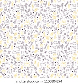 Vector flat seamless pattern with traditional Christmas decor icons - fir tree, decoration ball, snowflake, gift box, bell, star shape etc. - isolated on white background. Packaging design, line art.