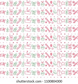 Vector flat seamless pattern with traditional Christmas decor icons - fir tree, decoration ball, snowflake, gift box, bell, star shape etc. - isolated on white background. Packaging design, line art.