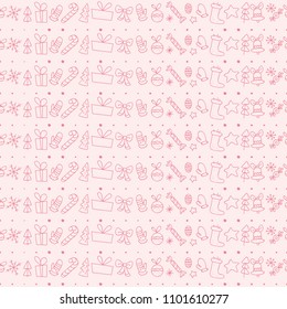 Vector flat seamless pattern with traditional Christmas decor icons - fir tree, decoration ball, snowflake, gift box, bell, star shape etc. - isolated on white background. Packaging design, line art.
