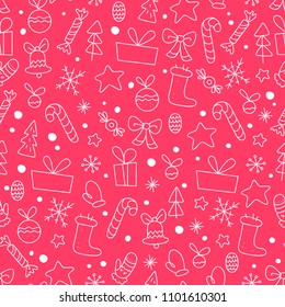 Vector flat seamless pattern with traditional Christmas decor icons - fir tree, decoration ball, snowflake, gift box, bell, star shape etc. - isolated on red background. Packaging design, line art.