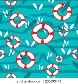 Vector Flat seamless pattern with waves and fish
