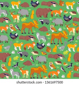 Vector flat seamless pattern with wild forest animals and birds  isolated on green background. Owl, deer, fox, bear. Good for packaging paper, cards, wallpapers, gift tags, nursery decor, prints etc.