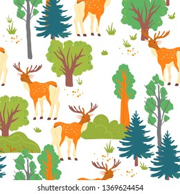Vector flat seamless pattern with wild forest: trees, bush and deer animal isolated on white background. Good for packaging paper, cards, wallpapers, gift tags, nursery decor, cards, prints design etc