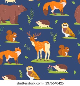 Vector flat seamless pattern with wild forest animals, birds and floral elements isolated on blue background. Owl, bear, fox.Good for packaging paper, cards, wallpapers, gift tags, nursery decor etc.