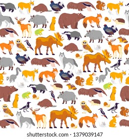 Vector flat seamless pattern with wild forest animals and birds  isolated on white background. Owl, deer, fox, bear. Good for packaging paper, cards, wallpapers, gift tags, nursery decor, prints etc.