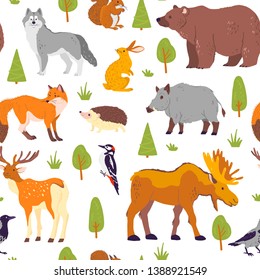 Vector flat seamless pattern with wild forest animals, birds and trees isolated on white background. Bear, wolf, hedgehog, fox. Good for packaging paper, cards, wallpaper, gift tags, nursery decor etc