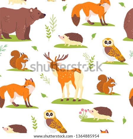 Vector flat seamless pattern with wild forest animals, birds and floral elements isolated on white background. Owl, bear, fox.Good for packaging paper, cards, wallpapers, gift tags, nursery decor etc.