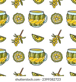 vector flat seamless pattern for winter warmth, sweets, warm drinks