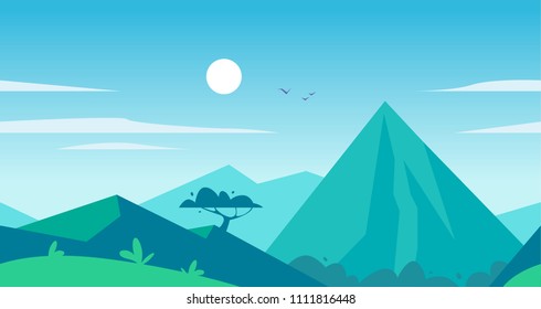 Vector flat seamless summer landscape illustration with mountains, sun, tree and blue clouded sky. Perfect for travel and camping tours posters, placards, flayers, leaflets and banners. Nature view.