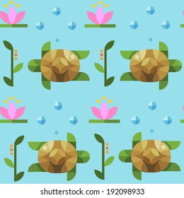 Vector flat seamless texture pattern underwater, animals and plants of the sea:turtle,seaweed, lotus, bubbles  on blue background.