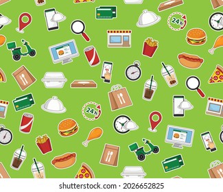 Vector flat seamless texture pattern Food delivery.