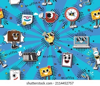 Vector flat seamless texture pattern Hand drawn flat trendy cartoon elements collection  An office