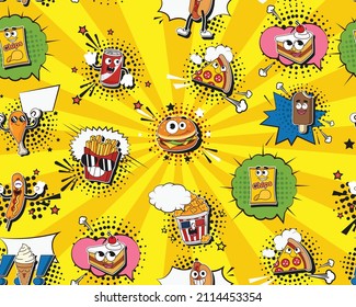 Vector flat seamless texture pattern Hand drawn flat trendy cartoon elements collection Fast Food