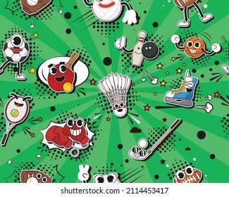 Vector flat seamless texture pattern Hand drawn flat trendy cartoon elements collection Sport