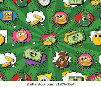 Vector flat seamless texture pattern Hand drawn flat trendy cartoon elements collection Money