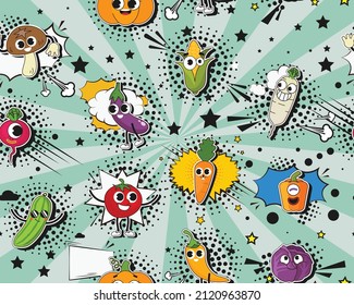 Vector flat seamless texture pattern Hand drawn flat trendy cartoon elements collection Fresh vegetable
