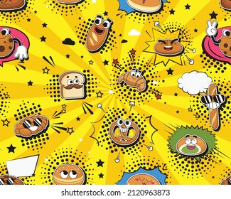 Vector flat seamless texture pattern Hand drawn flat trendy cartoon elements collection Bread