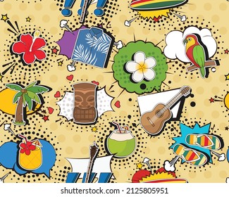 Vector flat seamless texture pattern Hand drawn flat trendy cartoon elements collection Aloha Hawaiian
