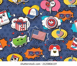 Vector flat seamless texture pattern Hand drawn flat trendy cartoon elements collection 4 Of July