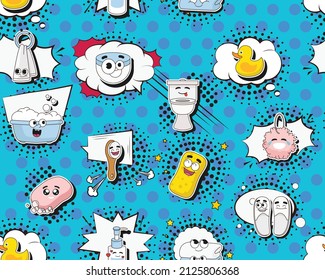 Vector flat seamless texture pattern Hand drawn flat trendy cartoon elements collection Bathroom
