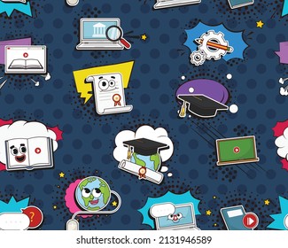 Vector flat seamless texture pattern Hand drawn flat trendy cartoon elements collection Distance education