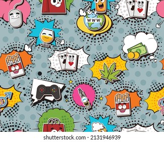 Vector flat seamless texture pattern Hand drawn flat trendy cartoon elements collection Addictions