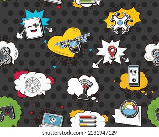 Vector flat seamless texture pattern Hand drawn flat trendy cartoon elements collection Drones