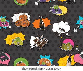 Vector flat seamless texture pattern Hand drawn flat trendy cartoon elements collection Wine cellar