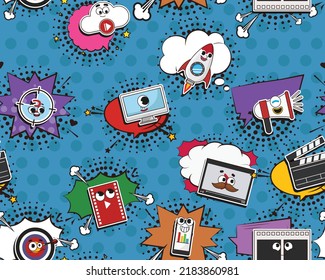 Vector flat seamless texture pattern Hand drawn flat trendy cartoon elements collection Video marketing